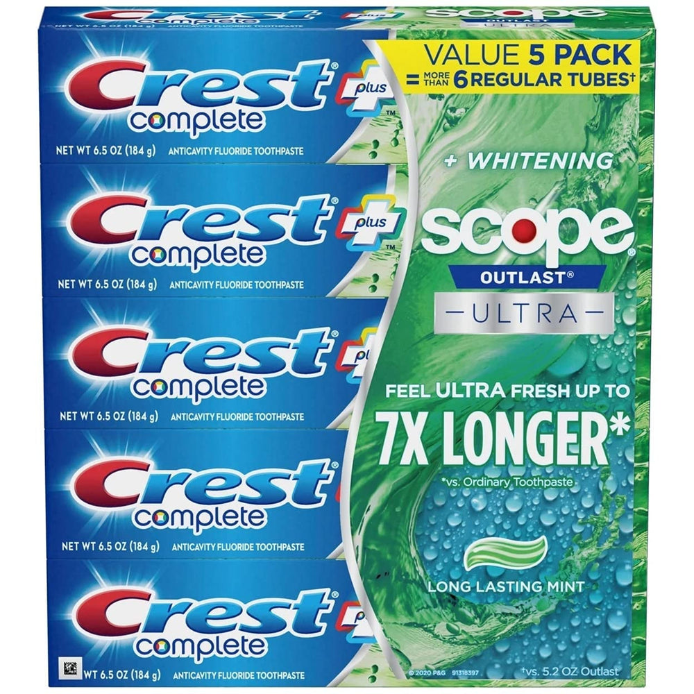 Crest Complete Whitening Scope toothpaste 5-pack for daily whitening and fresh breath.