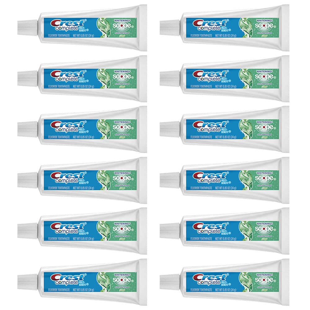 Crest Complete Whitening Scope toothpaste tube showing whitening and fresh breath benefits.