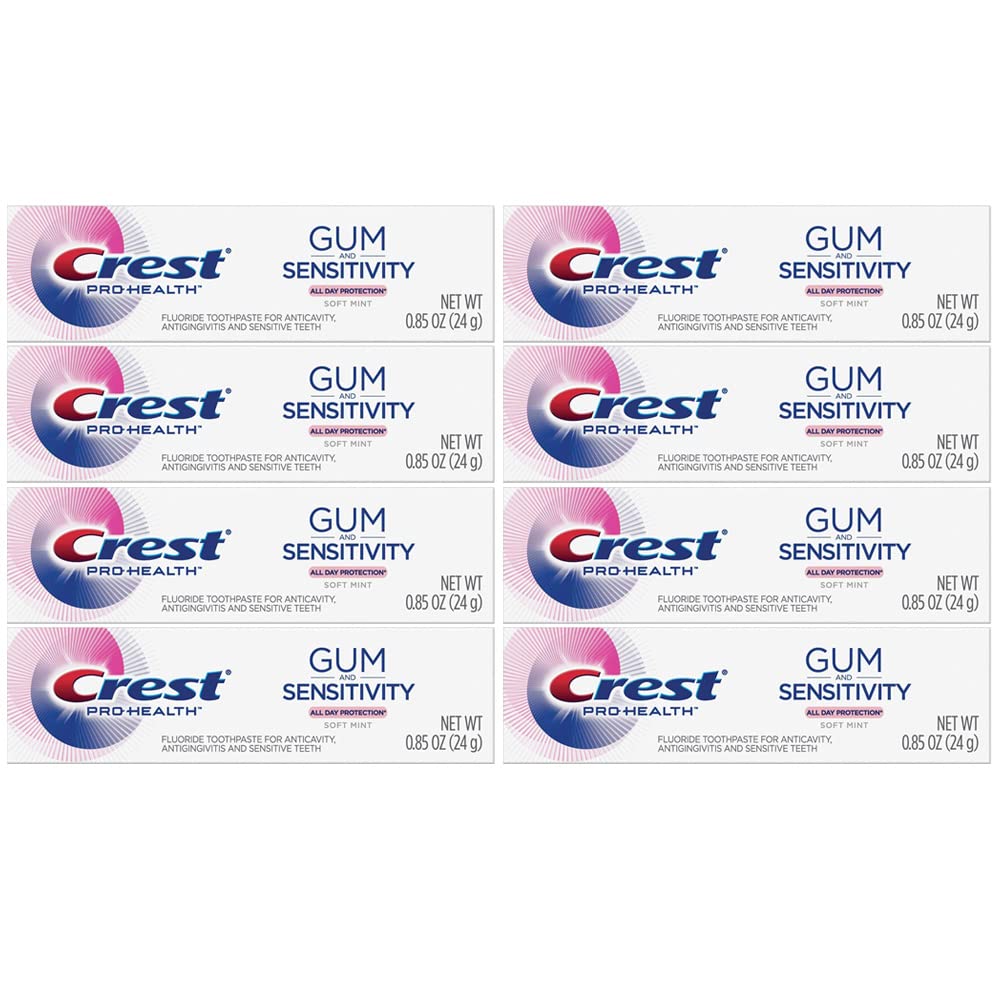 Crest Pro Health Gum and Sensitivity toothpaste soft mint tubes in a travel pack for on-the-go care.