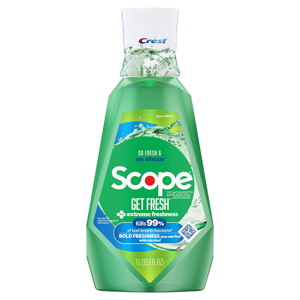 Crest Scope Get Fresh Mouthwash bottle with bold mint freshness and plaque protection.