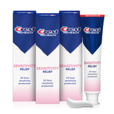 Crest Sensitivity Relief toothpaste tube front with shield icon for fast sensitivity relief.