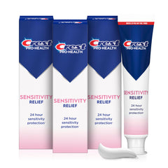 Crest Sensitivity Relief toothpaste tube front with shield icon for fast sensitivity relief.