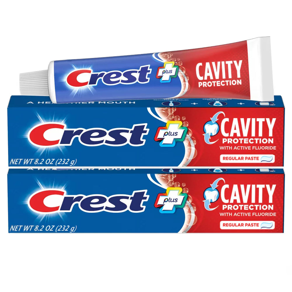 Crest toothpaste 8.2 oz pack-2 close-up showing cavity protection for daily brushing.
