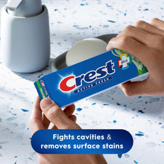 Close-up of Crest toothpaste tube indicating sensitive-teeth protection formula.
