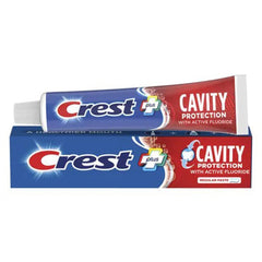Crest travel-size toothpaste four-tube pack demonstrates travel convenience for guests.