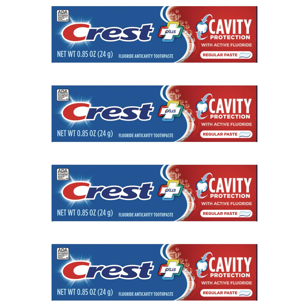 Crest travel-size toothpaste front view shows compact on-the-go design.