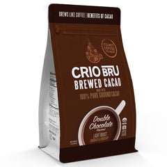 Crio Bru Brewed Cacao Double Chocolate Light Roast packaging shows chocolate aroma and caffeine-free option.