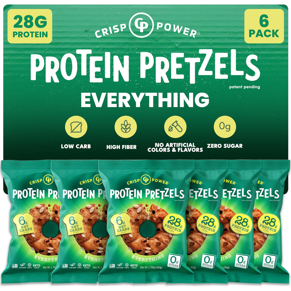 CRISP POWER Everything Protein Pretzels packshot highlights a crunchy, protein-packed snack option.