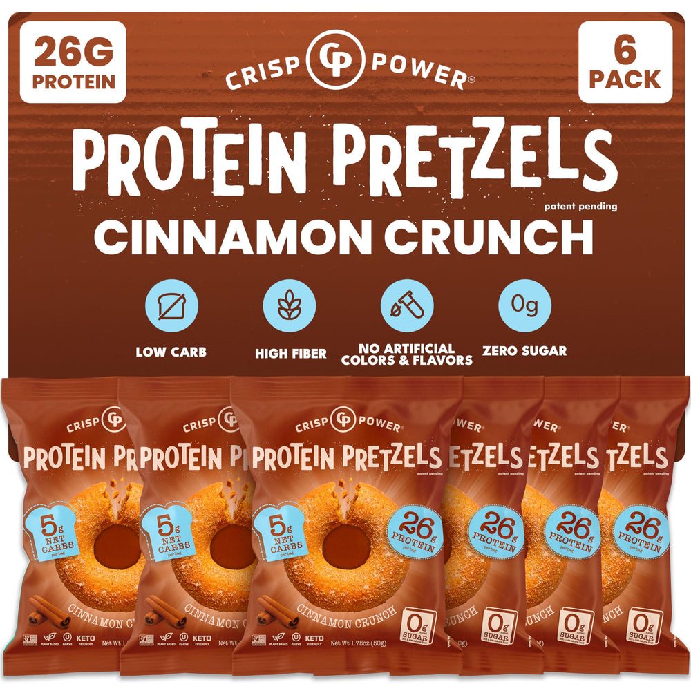 CRISP POWER Protein Pretzels Cinnamon Crunch bag shows bold crunch for on-the-go fueling.