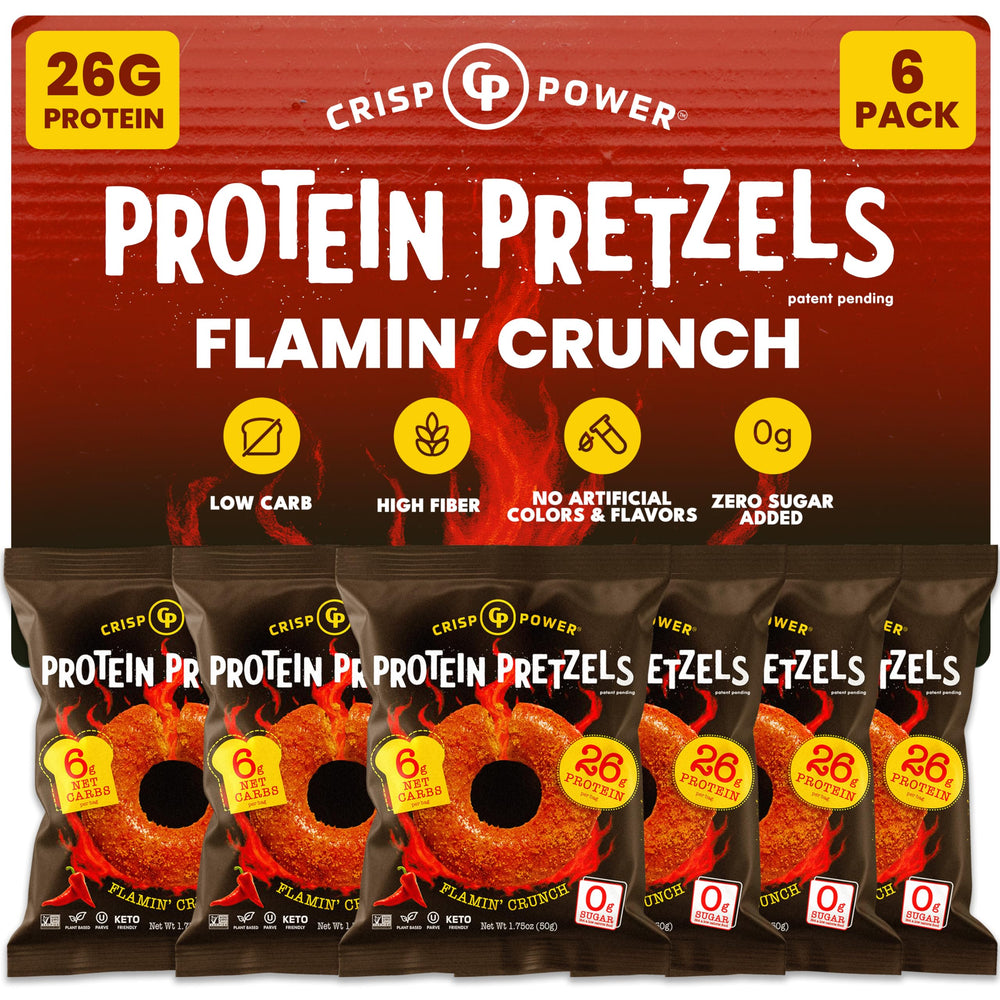 CRISP POWER Protein Pretzels Flamin' Crunch packfront shows bold crunch for on-the-go energy