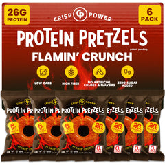 CRISP POWER Protein Pretzels Flamin' Crunch packfront shows bold crunch for on-the-go energy