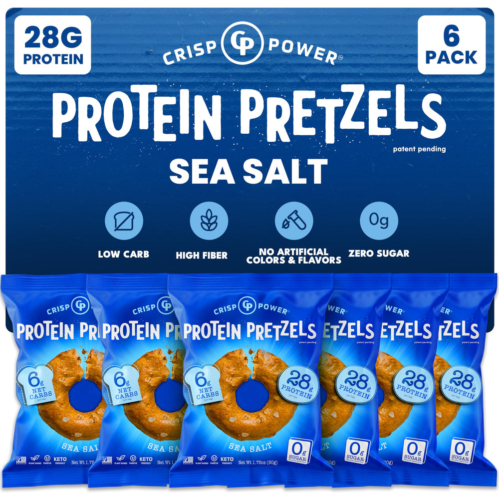 CRISP POWER Protein Pretzels sea salt bag showing bold crunch and nutrition details