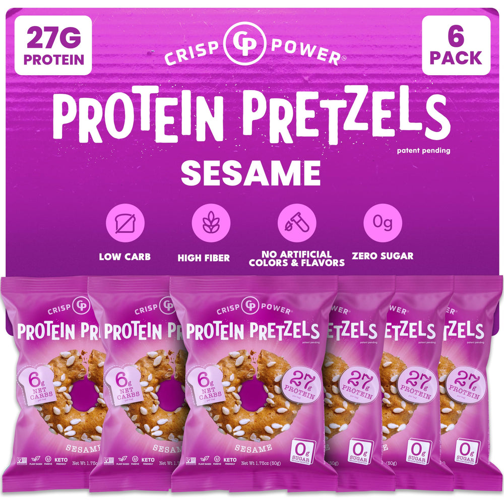 CRISP POWER Sesame Protein Pretzels bag showing crunchy protein snack