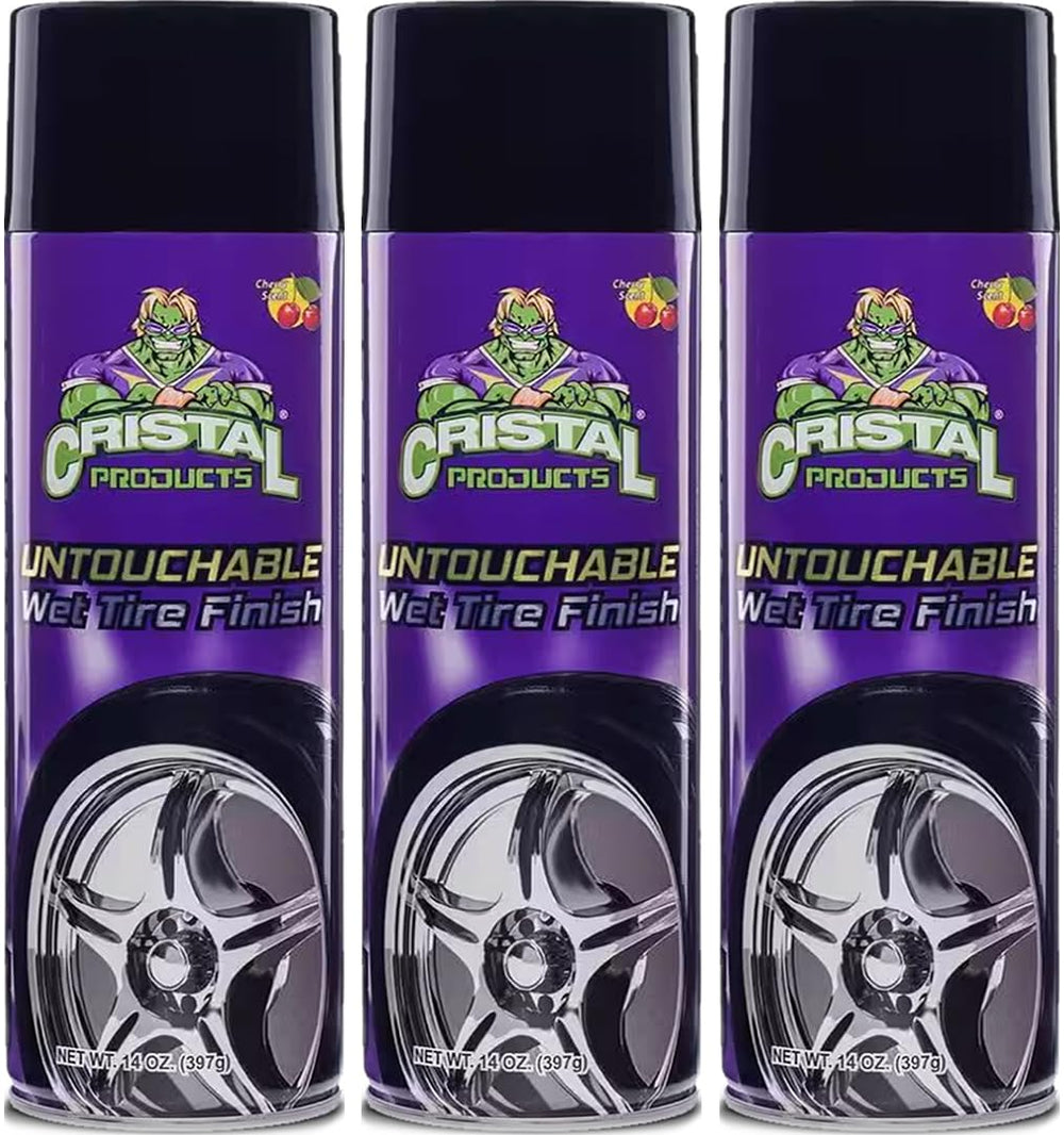 Cristal Products Untouchable Tire Finish spray delivers a deep wet look on tires.