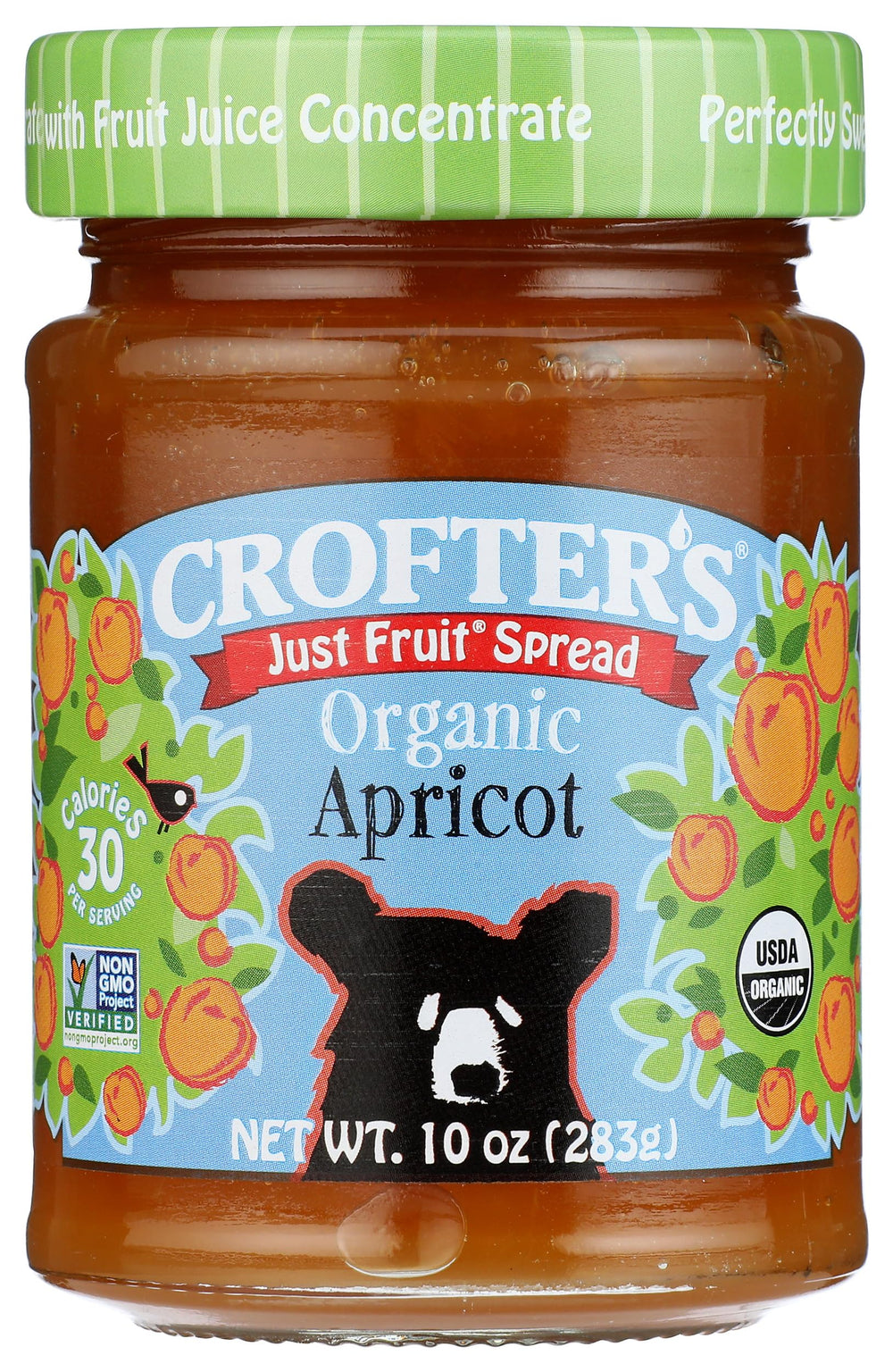 Crofters Organic Apricot Just Fruit Spread jar displays 100% fruit flavor ideal for toast