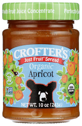 Crofters Organic Apricot Just Fruit Spread jar displays 100% fruit flavor ideal for toast