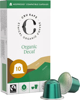 Cru Kafe decaf USDA Organic espresso capsules in a 10-pack, ideal for caffeine-free evenings.