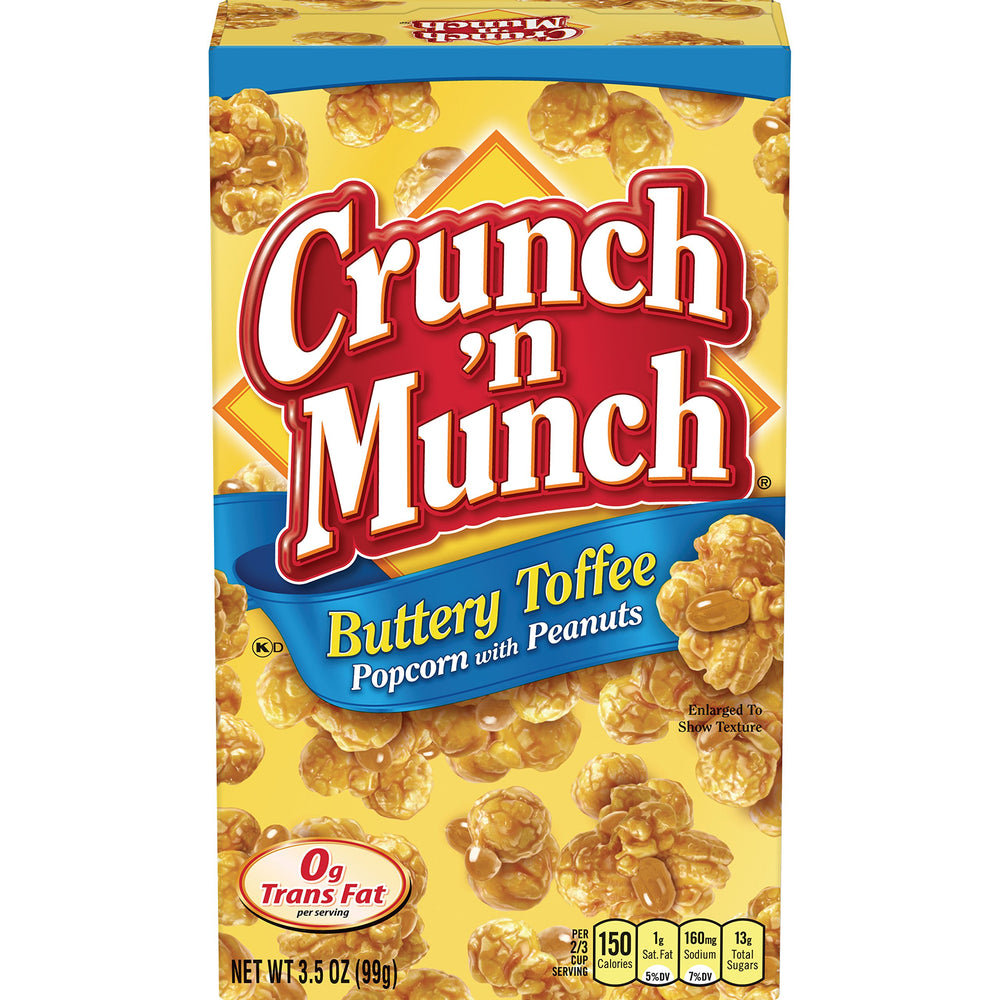 CRUNCH 'N MUNCH Buttery Toffee Popcorn with Peanuts 12-pack box, snack-ready on the go