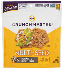 Crunchmaster Multi-Seed Crackers Ultimate Everything, roasted garlic and onion flavor, ideal with cheese.
