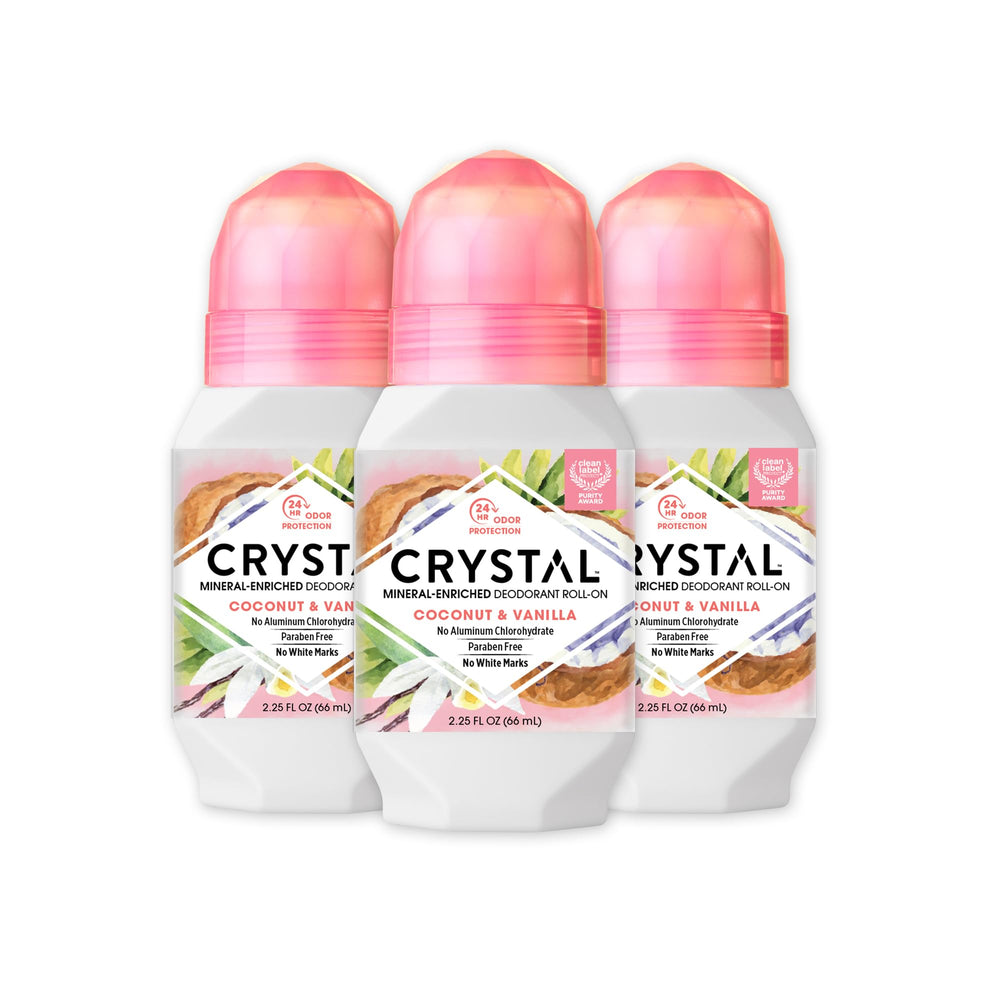 Crystal Essence deodorant roll-on coconut vanilla 3-pack ready for daily protection.