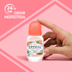 Crystal Essence roll-on application stroke demonstrates smooth, quick-drying use.