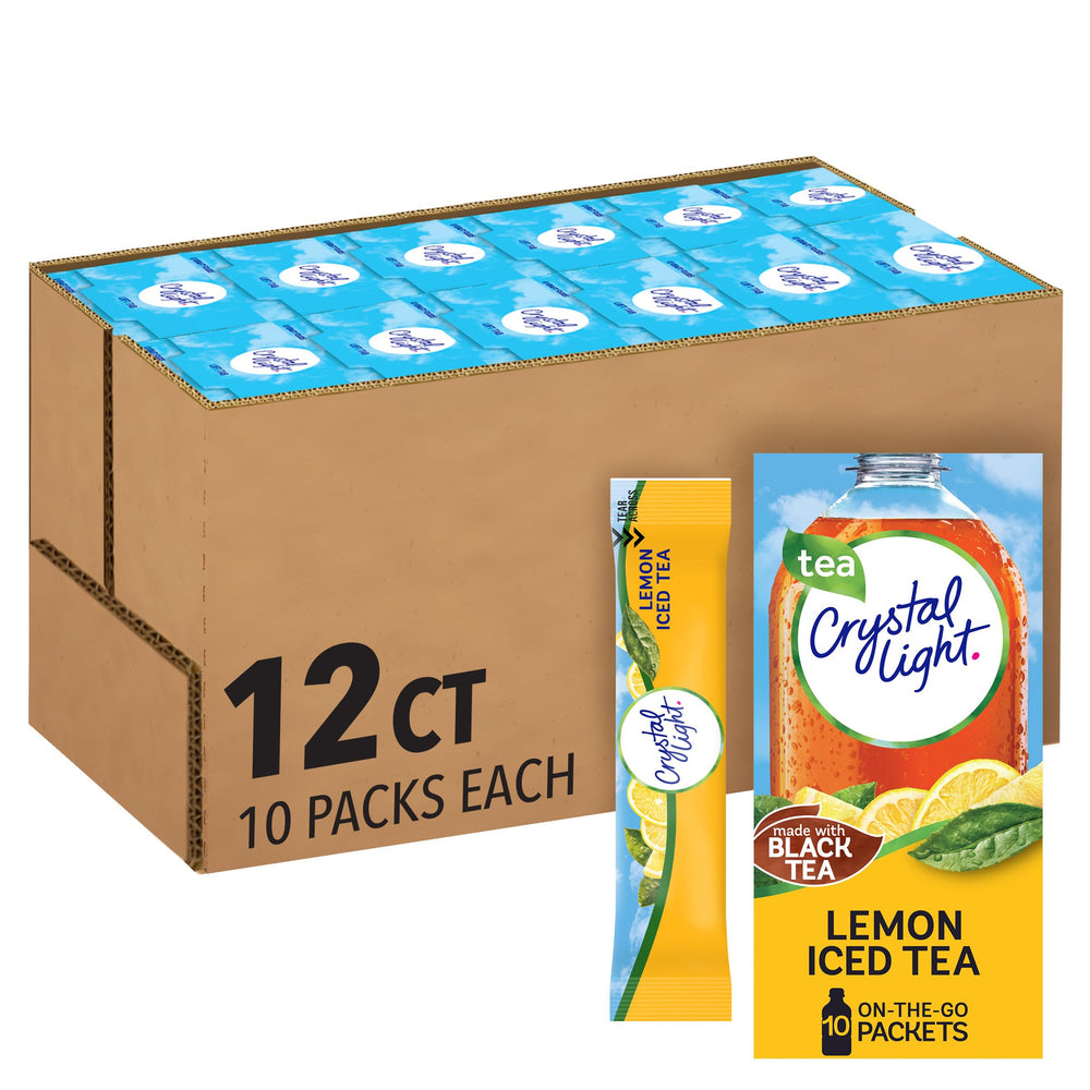 Crystal Light Lemon Iced Tea on-the-go packet for quick flavor while traveling.