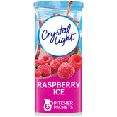 Crystal Light Raspberry Ice canister highlighting zero sugar and 5 calories per serving.