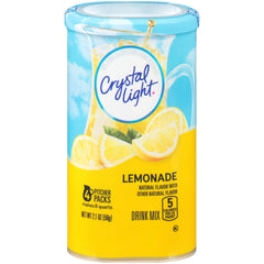 Crystal Light sugar-free lemonade packets front view for quick, sugar-free refreshment.