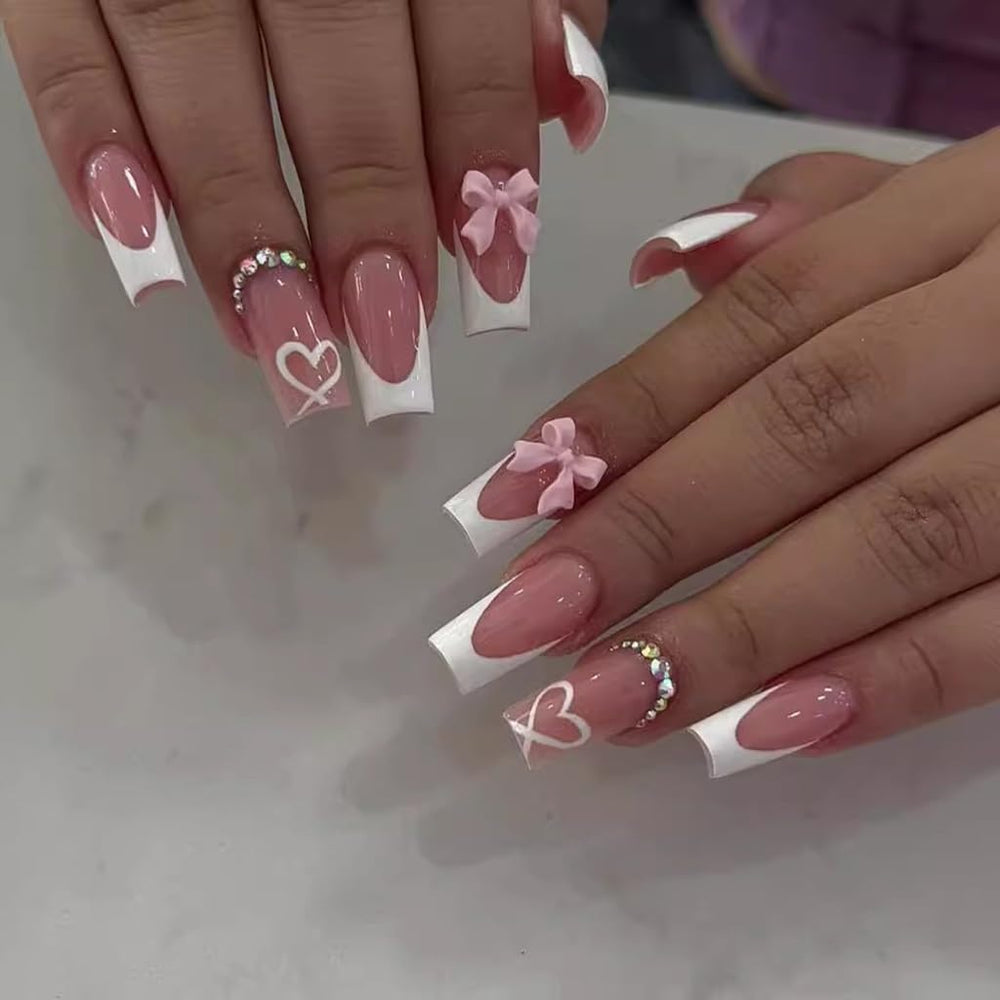 CTTHNBD press-on nails in medium coffin shape with pink bow-heart design for elegant at-home manicure