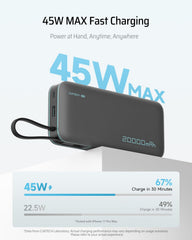 CUKTECH 20,000mAh power bank built-in USB-C cable ready for quick top-ups