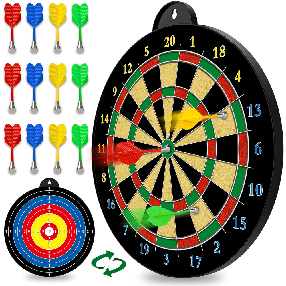 CUKU Dart Board with magnetic darts enables safe indoor family play.