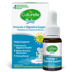 Culturelle Baby Drops bottle front view for daily probiotic and vitamin D support.