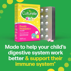 Culturelle Kids berry flavor packaging emphasizes no refrigeration and allergen-free formula.
