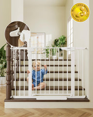 Cumbor baby gate at stairs in white showing 30.5-inch height for safe passage