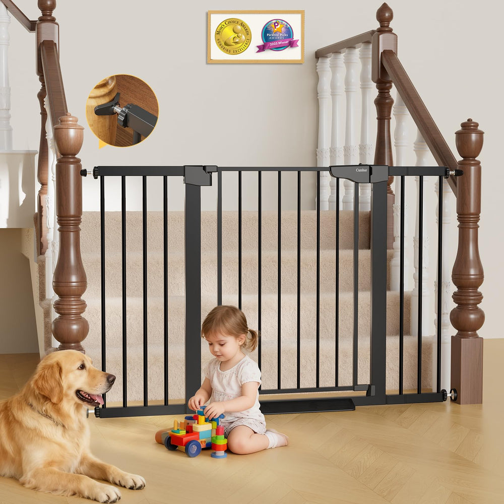 Cumbor baby gate in a wide 51.5 inch opening for easy stroller access.