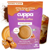 Cuppa Salted Caramel Mushroom Coffee canister shows premium blend for steady energy