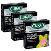 CURAD Performance Series bandage with extreme hold adhesive secured during activity