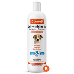 Curaseb Chlorhex 4% Shampoo bottle pour for easy application and medicated care