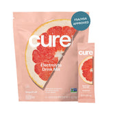 Cure Hydration grapefruit packets close-up for convenient daily hydration.