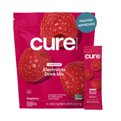 Cure Hydration Raspberry packet being poured into water for quick hydration
