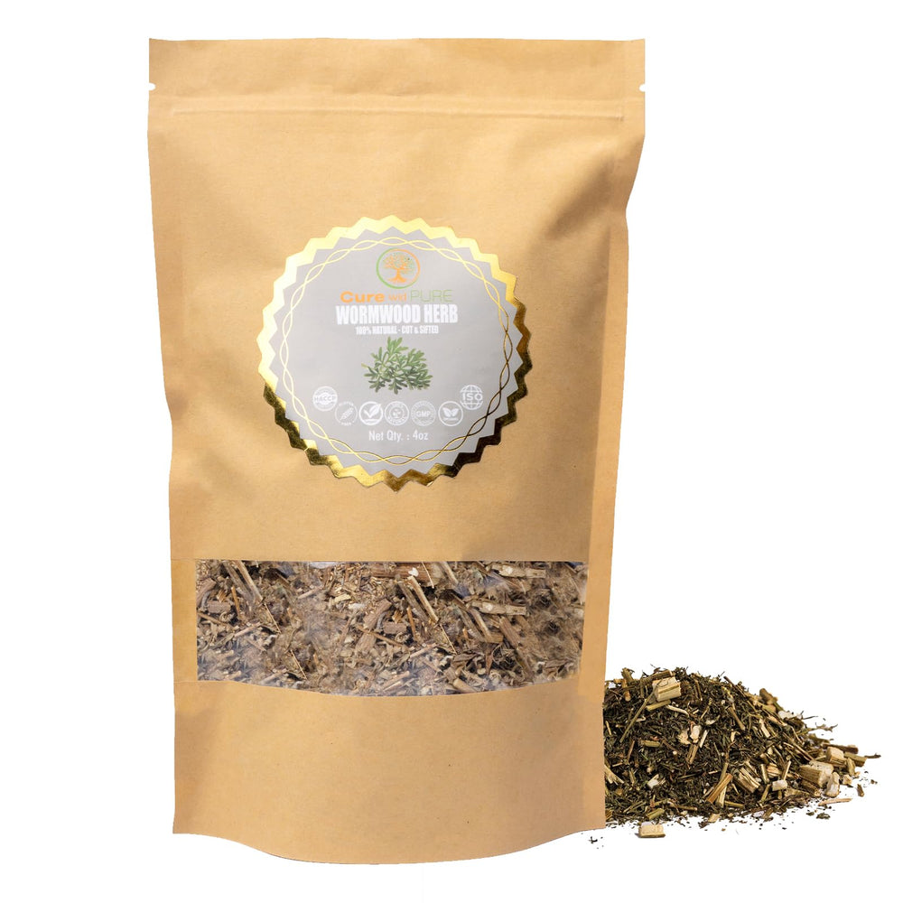 Cure wid Pure wormwood herb dried cut leaves for digestive-friendly tea blends.