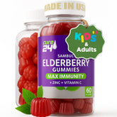 Cure24 Sambucus Gummies bottle front highlighting vegan, non-GMO immune support.
