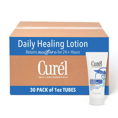 Curel Daily Healing Body Lotion bottle-application demonstrates quick absorption for dry skin relief.