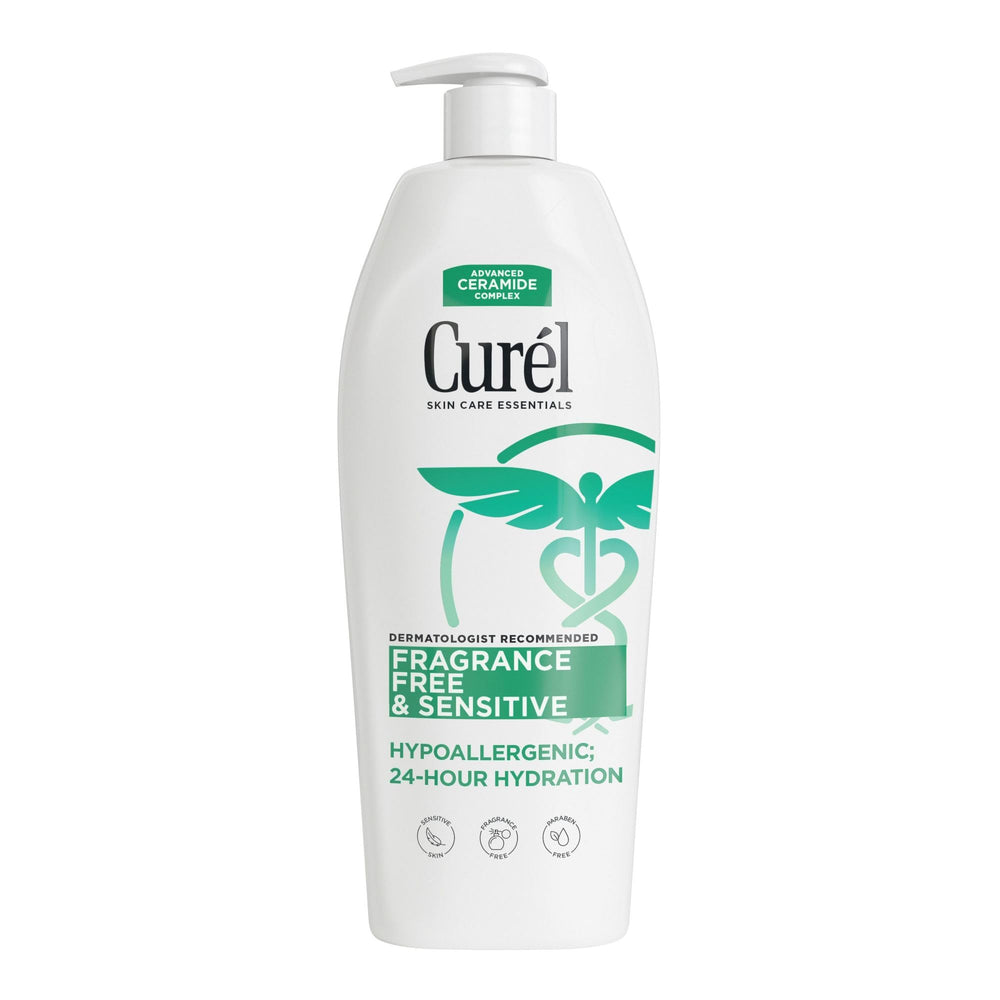 Curél fragrance free lotion bottle shows non greasy hydration for sensitive skin