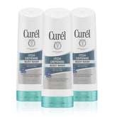 Curel Itch Defense bottle on shelf, fragrance-free formula ideal for dry skin.
