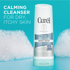 Curel Itch Defense foam and lather, gentle cleanse for sensitive skin.