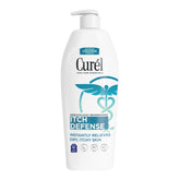 Curél Itch Defense Lotion bottle showing soothing relief and moisture barrier support for dry skin.