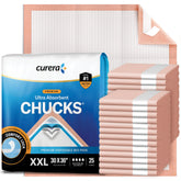 Curera Chucks 30x36 underpad with adhesive strips keeps bedding dry.