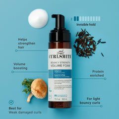 CurlSmith Bouncy Strength Volume Foam dispensed from the bottle for easy application.