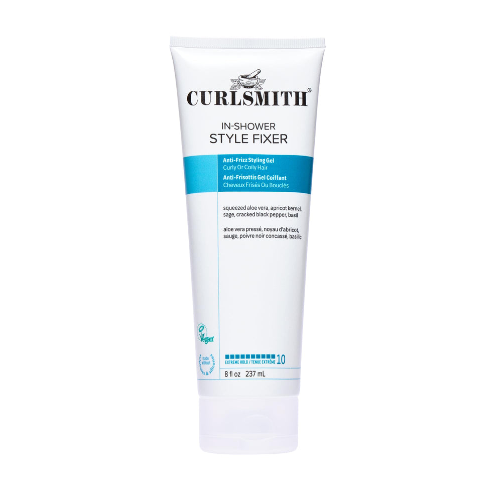 Curlsmith In-Shower Style Fixer bottle pour showing extreme hold for lasting curls.